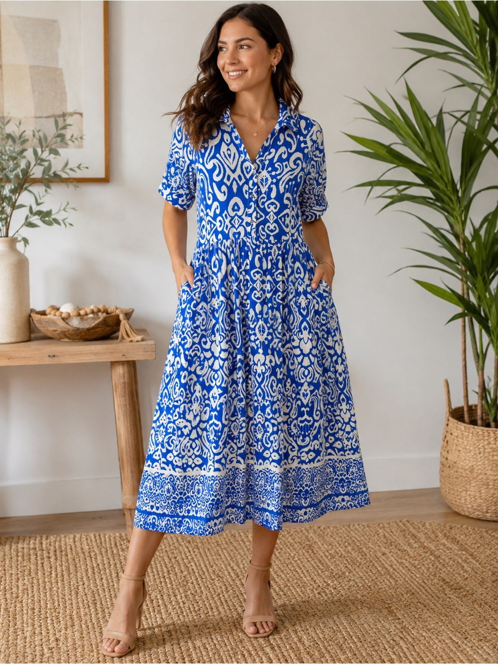 Entro Shirt Dress Women Size S Blue White Ikat Print Midi Side Pockets